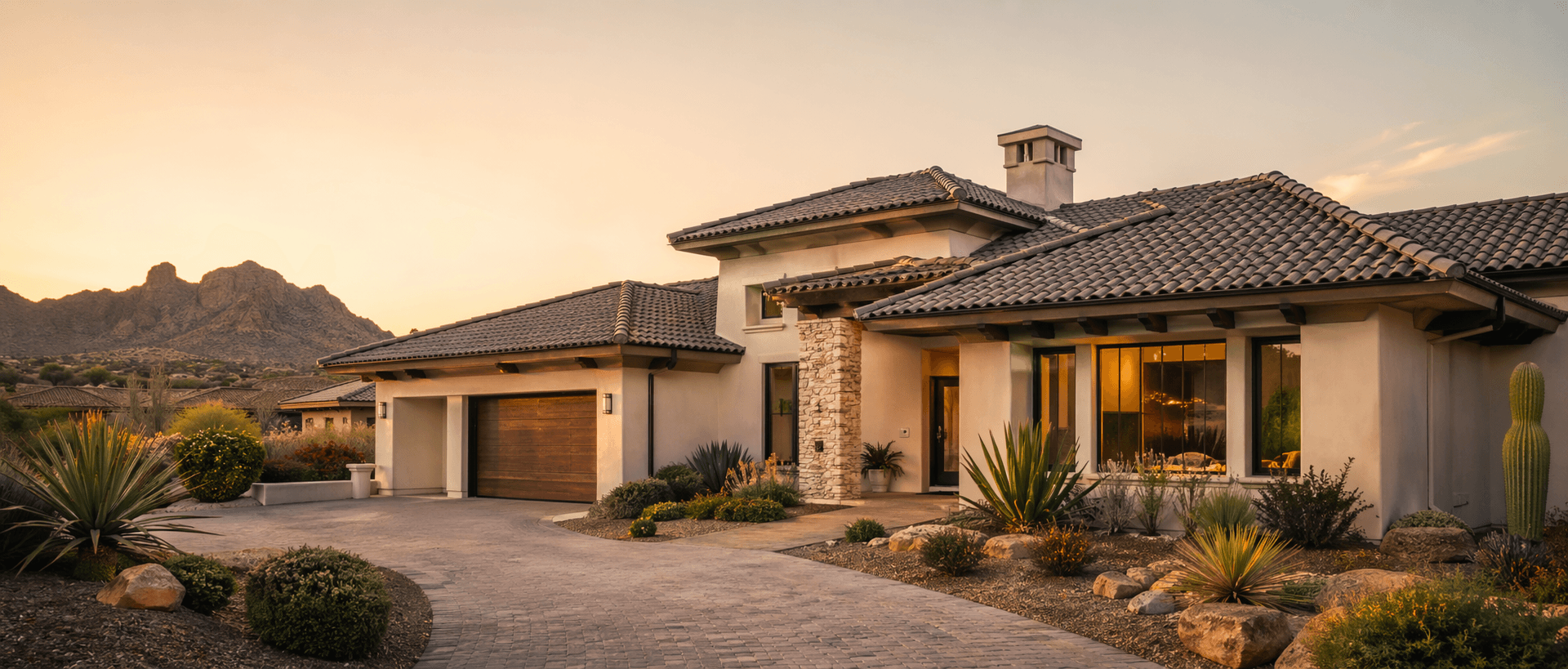 Luxury Arizona home with a premium new concrete tile roof at golden hour.