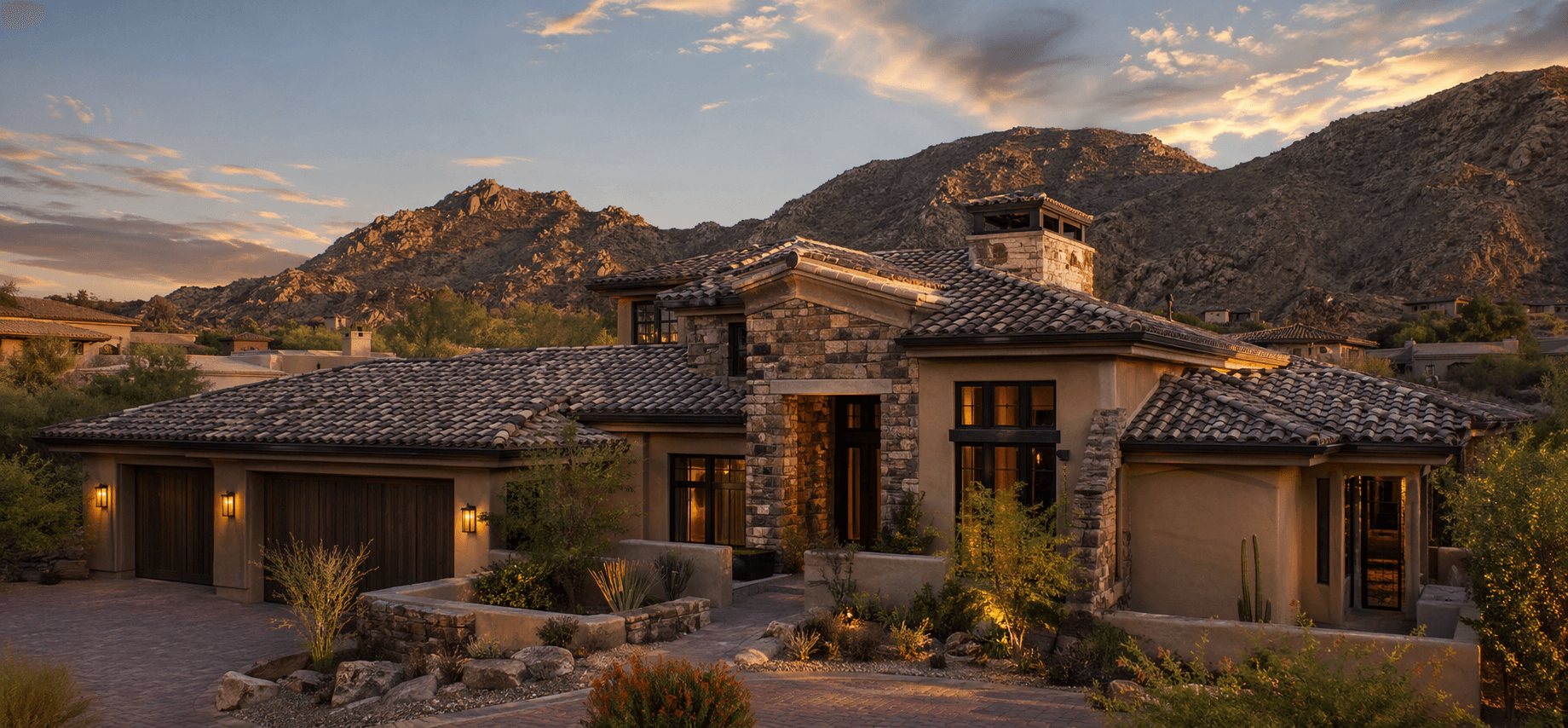 Completed high-end tile roof replacement on a custom Scottsdale-style home near desert mountains.
